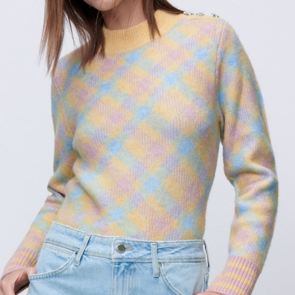 Zara Diamond Knit Pastel Plaid Sweater